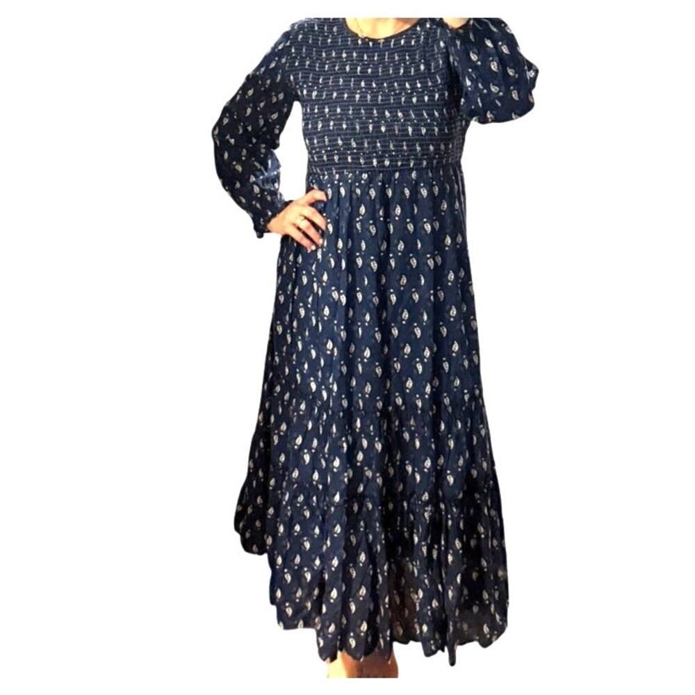 Madison Mathews Navy Smocked Bodice Maxi Dress Sz. L